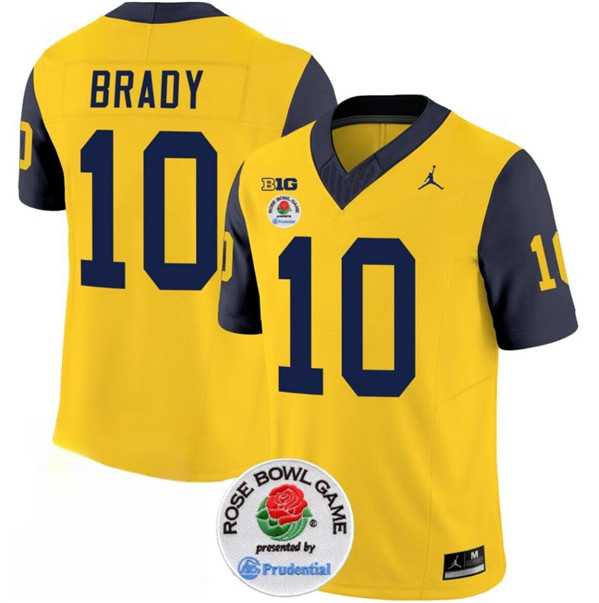 Men%27s Michigan Wolverines #10 Tom Brady 2023 F.U.S.E. Yellow Navy Rose Bowl Patch Stitched Jersey Dzhi